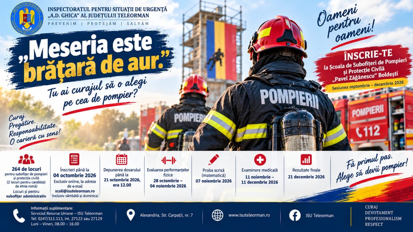 Înscrieri la Școala de Pompieri Boldești. Cererile se trimit până pe 4 octombrie
