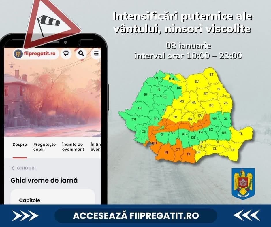 Cod galben și cod portocaliu de vreme severă. Viscol, vânt puternic și vizibilitate extrem de redusă în mai multe regiuni din țară