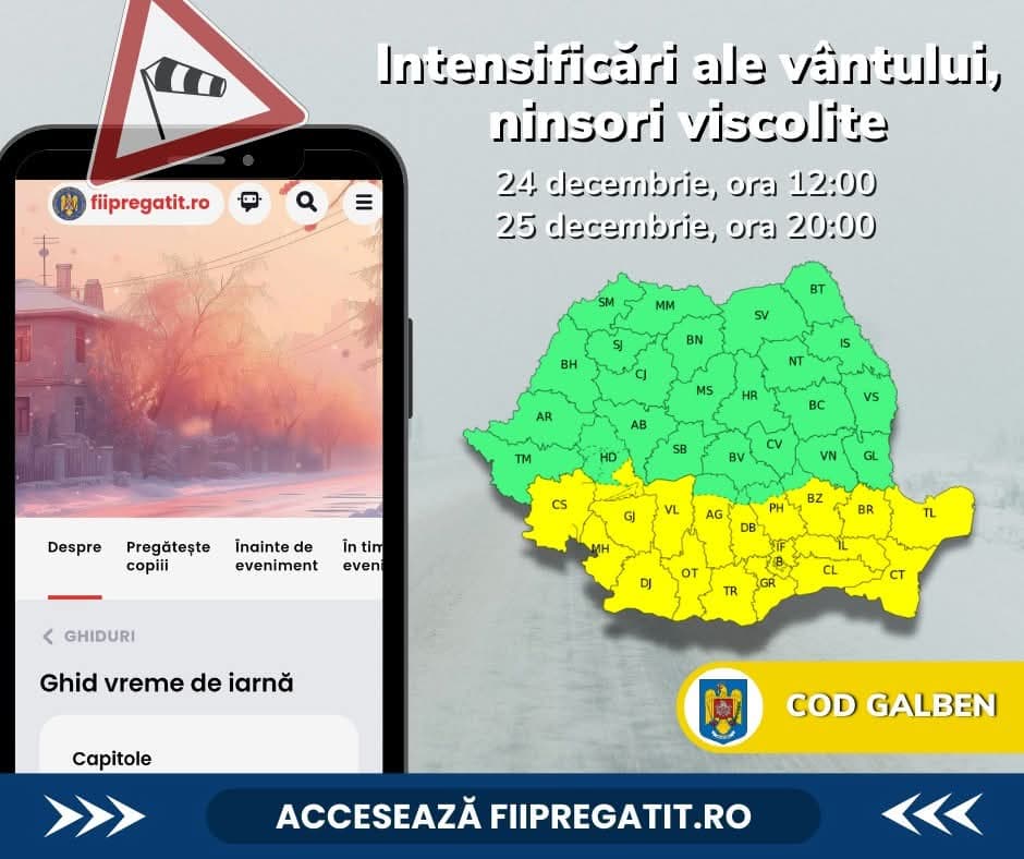 Atenționare meteo în Teleorman: viscol, ninsori și ger până pe 26 decembrie