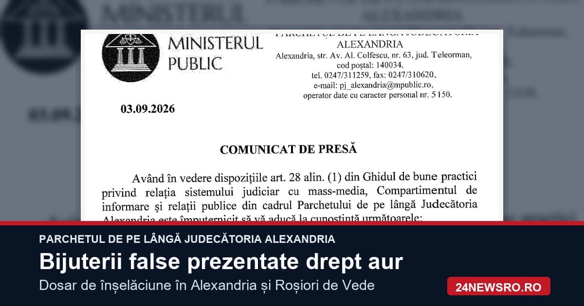 Parchetul de pe lângă Judecătoria Alexandria anunță cercetări într-un dosar de înșelăciune cu bijuterii false prezentate drept aur, în Alexandria și Roșiori de Vede.