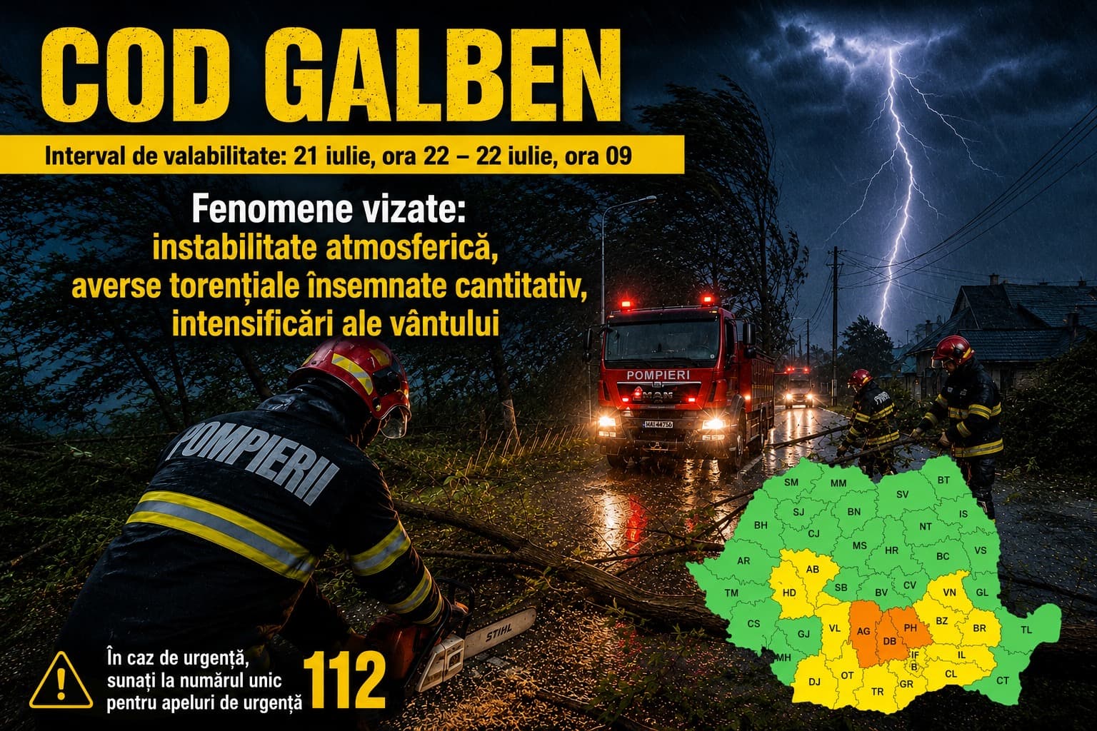 Cod galben de furtuni în Teleorman. Averse torențiale, vijelii și rafale de până la 70 km/h