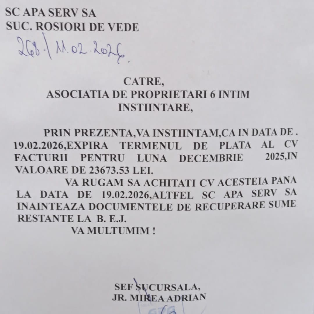 CRIZĂ la Asociația „Intim” din Roșiorii de Vede: Președintele a demisionat, APA SERV amenință cu executarea silită