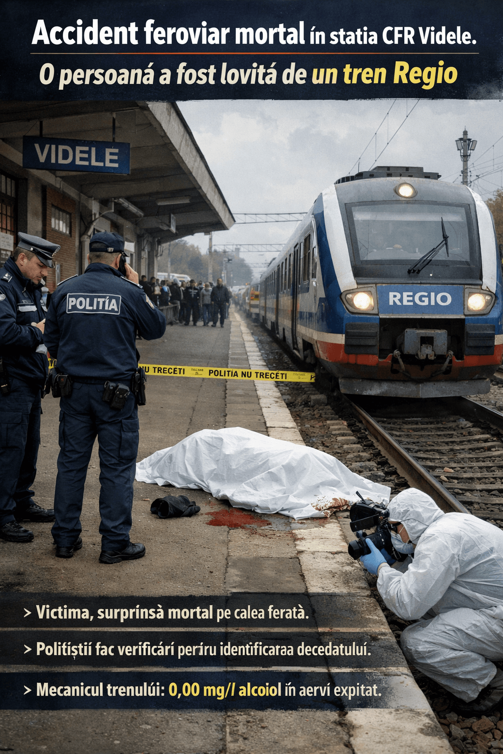 Accident feroviar mortal în stația CFR Videle. O persoană a fost lovită de un tren Regio