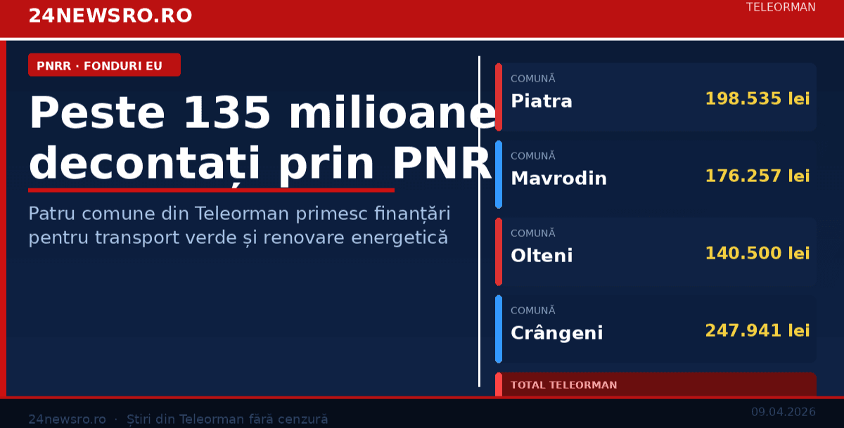 Peste 135 de milioane de lei decontați prin PNRR — patru comune din Teleorman primesc finanțări pentru transport verde