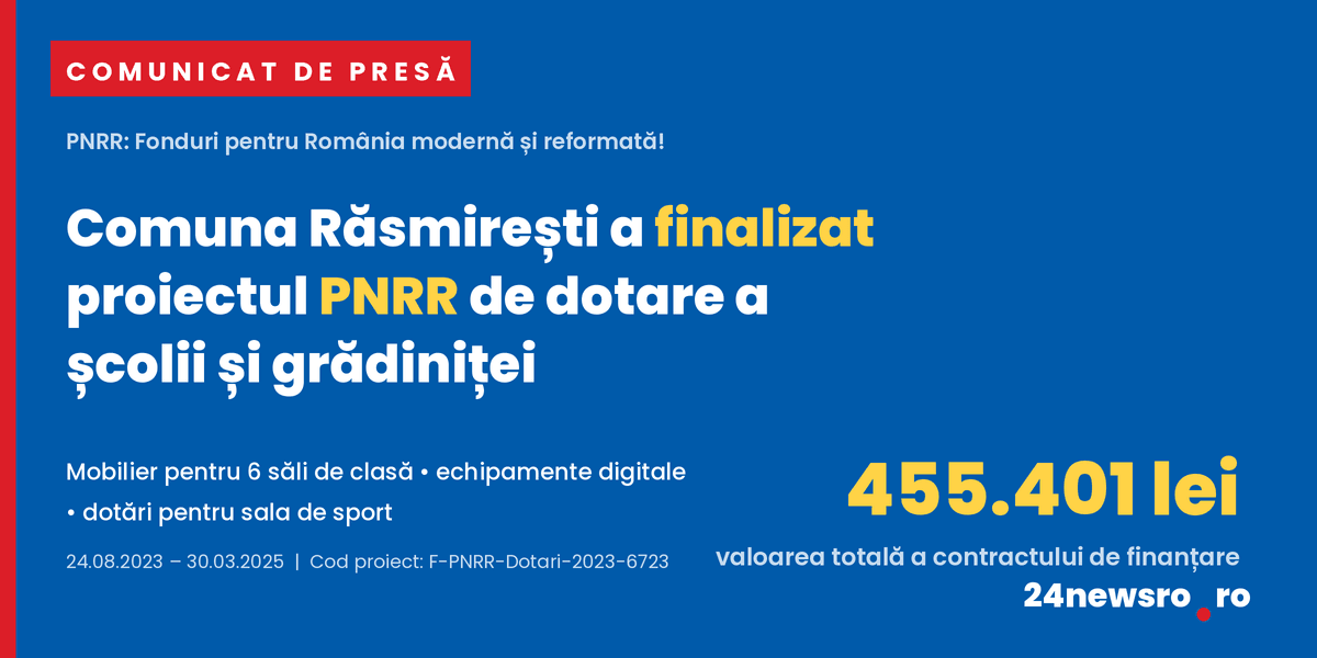 (P) Comuna Răsmirești a finalizat proiectul PNRR de dotare a școlii și grădiniței — investiție de peste 455.000 de lei