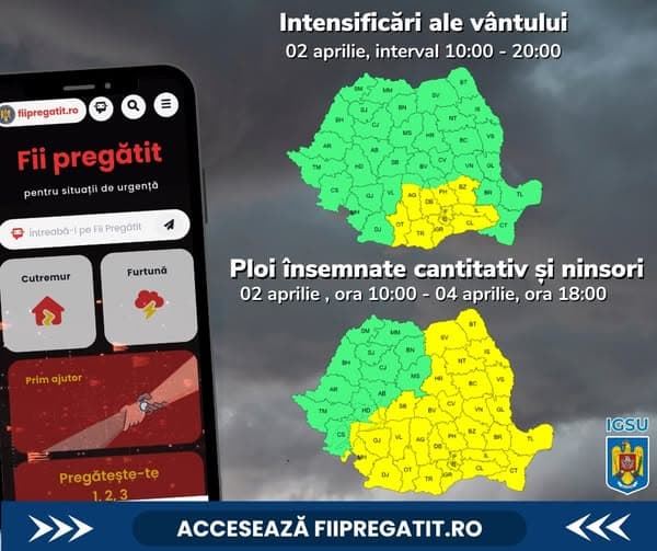 Cod galben de vânt și ploi în jumătate de țară. Rafale de până la 65 km/h