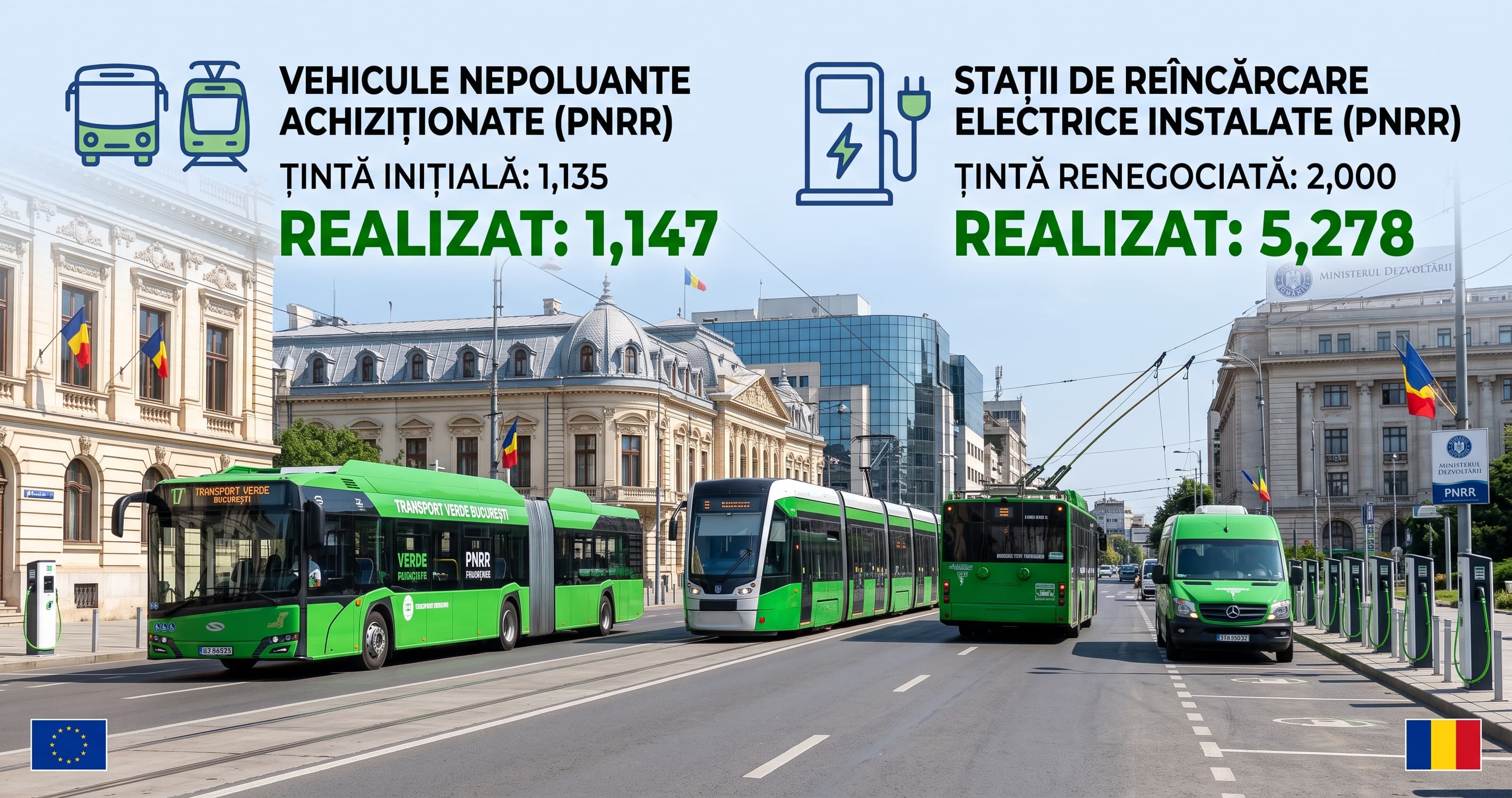 Ministerul Dezvoltării a depășit țintele asumate prin PNRR pentru transportul verde: 1.147 de vehicule nepoluante și 5.278 de stații de reîncărcare electrice